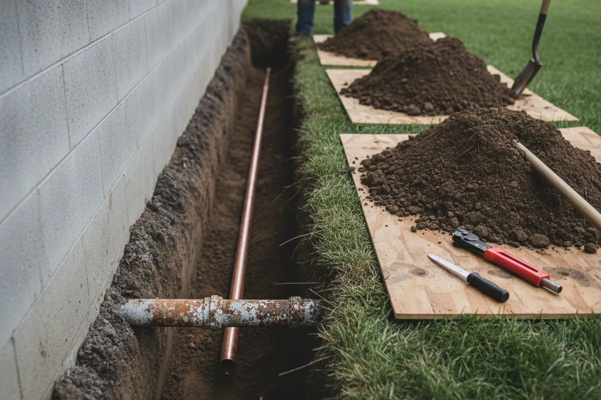 Excavated water line trench during Sewer Line Repair in White Castle